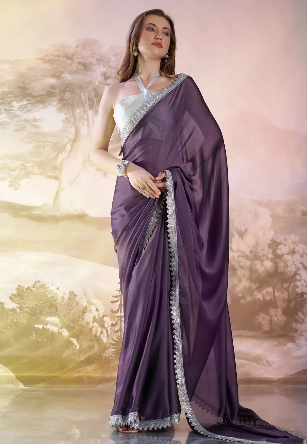 Wine Satin Saree With Blouse 304534