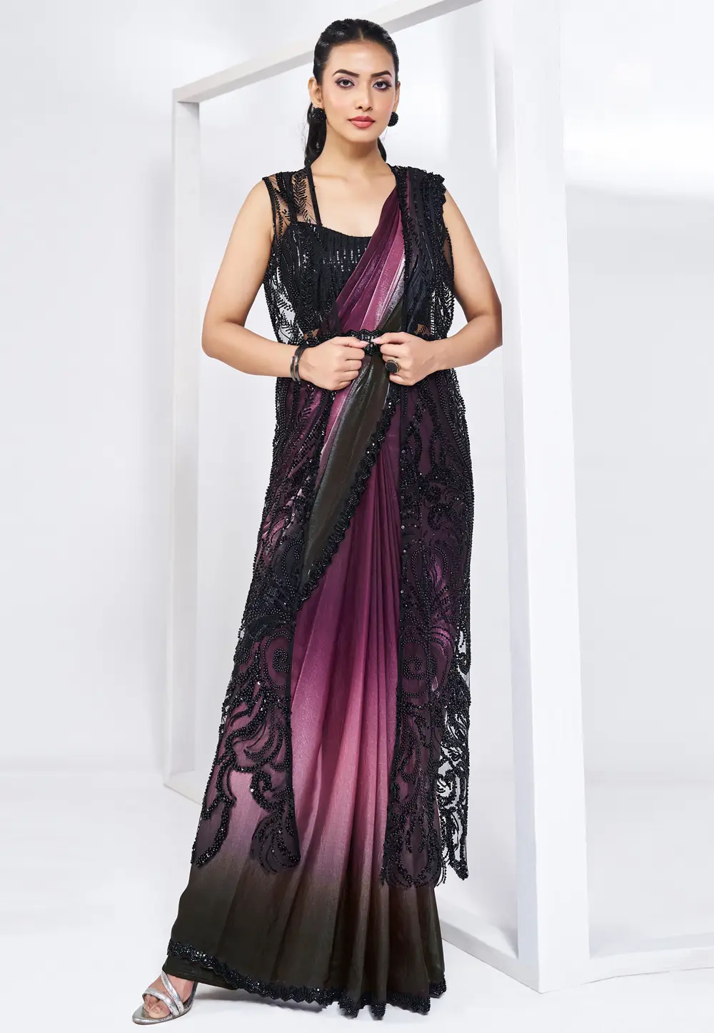 Wine Satin Silk Designer Saree 297773