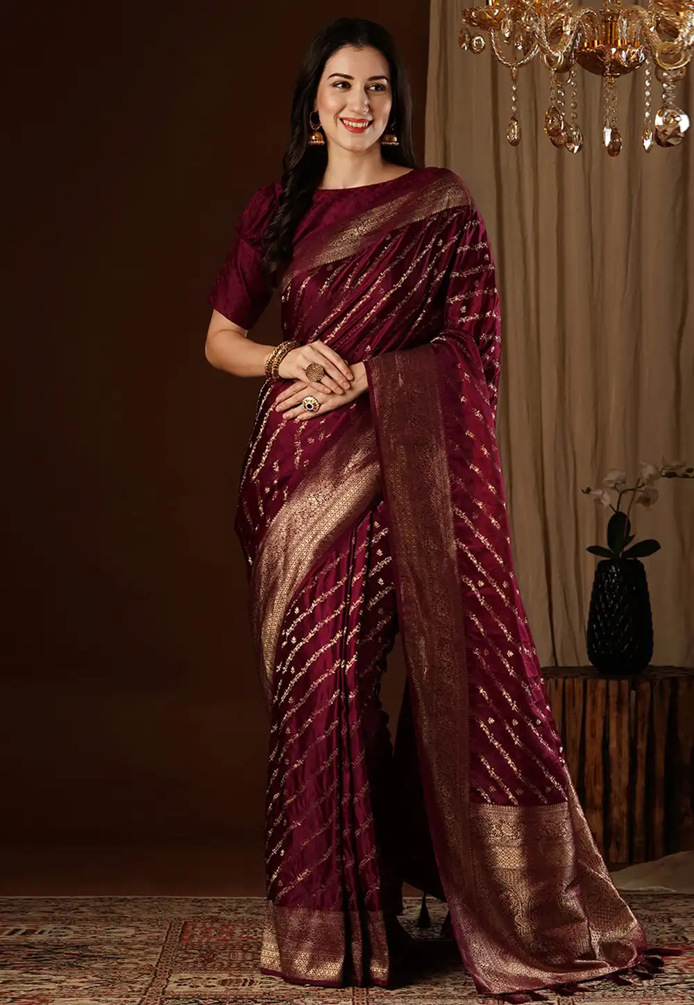 Wine Satin Silk Saree With Blouse 292697