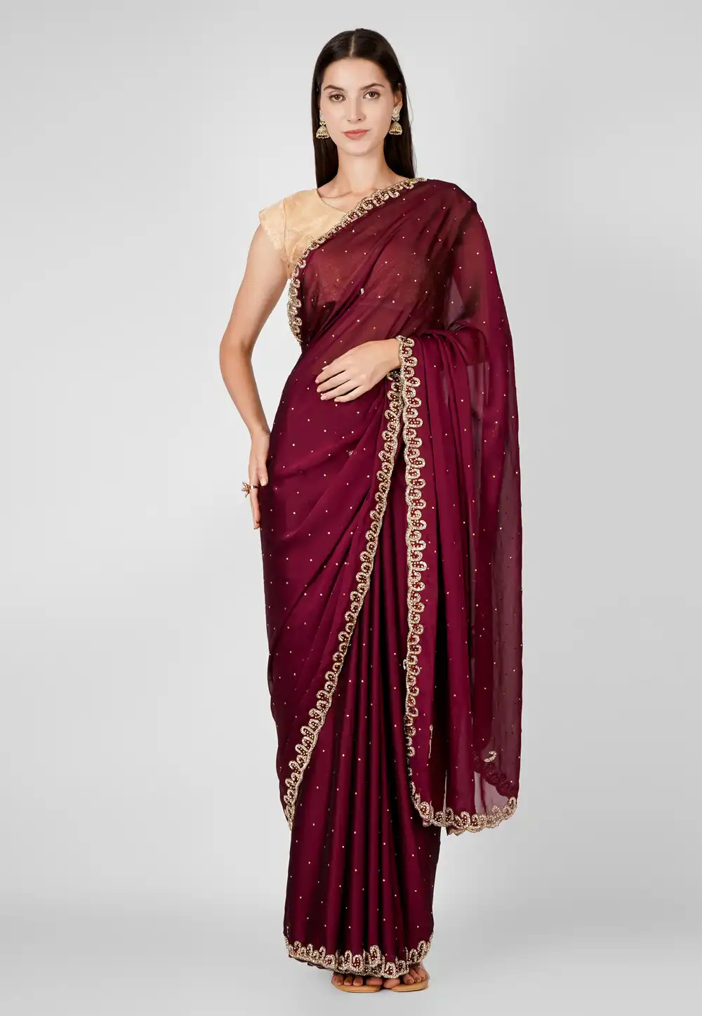 Wine Satin Silk Saree With Blouse 293488