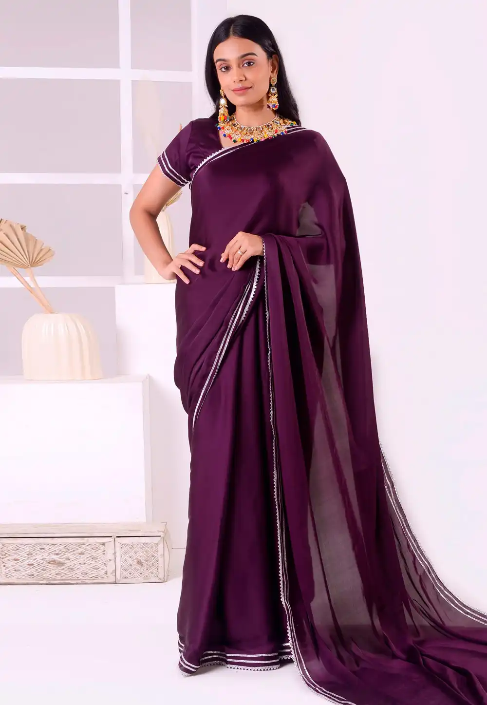 Wine Satin Silk Saree With Blouse 293593