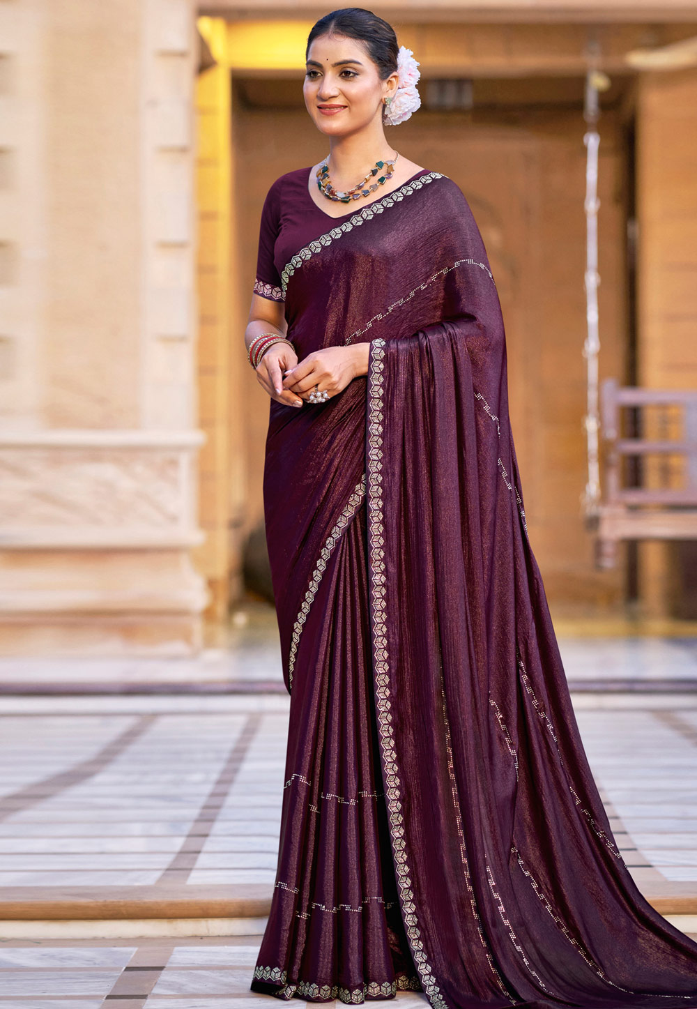 Wine Shimmer Chiffon Saree With Blouse 309789
