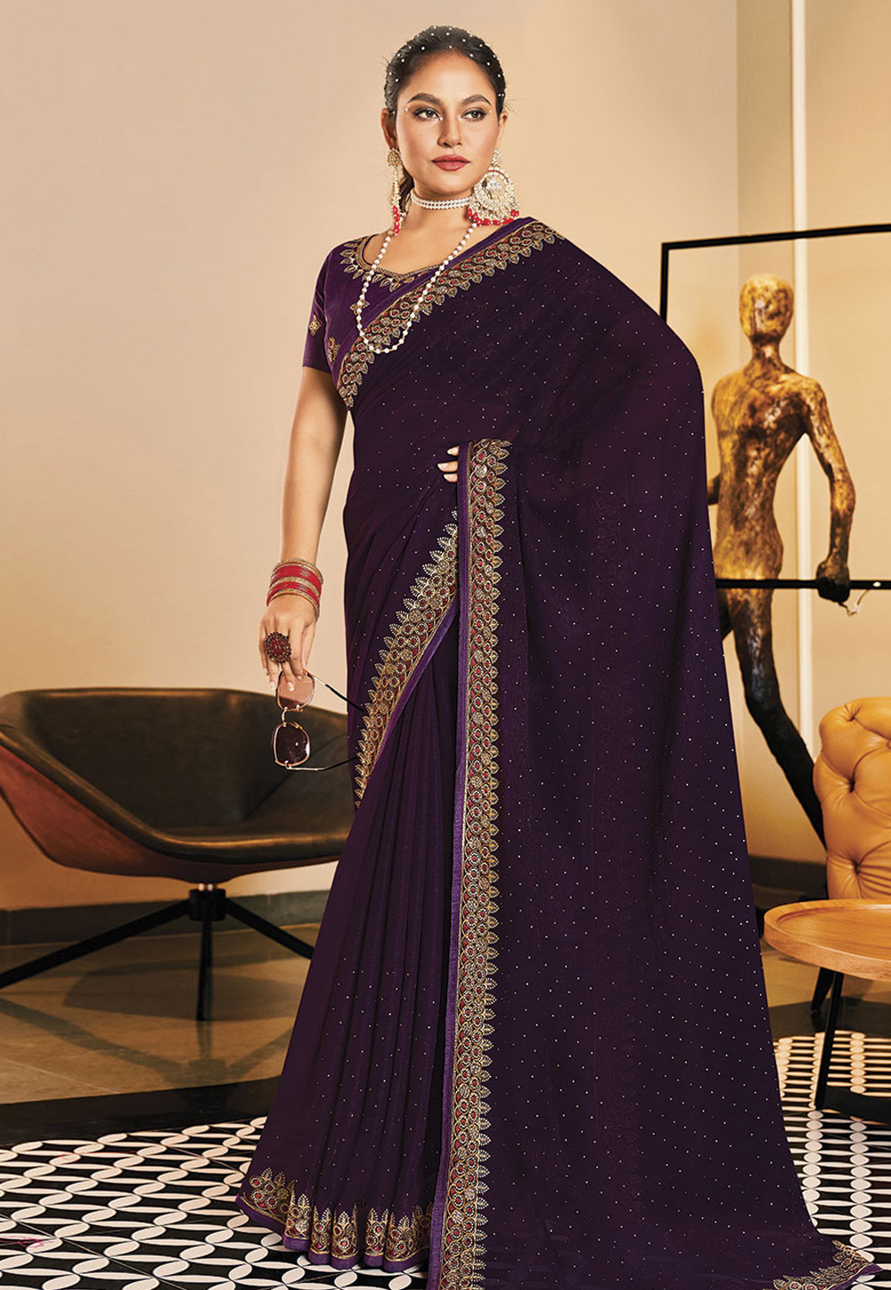 Wine Shimmer Saree With Blouse 279566