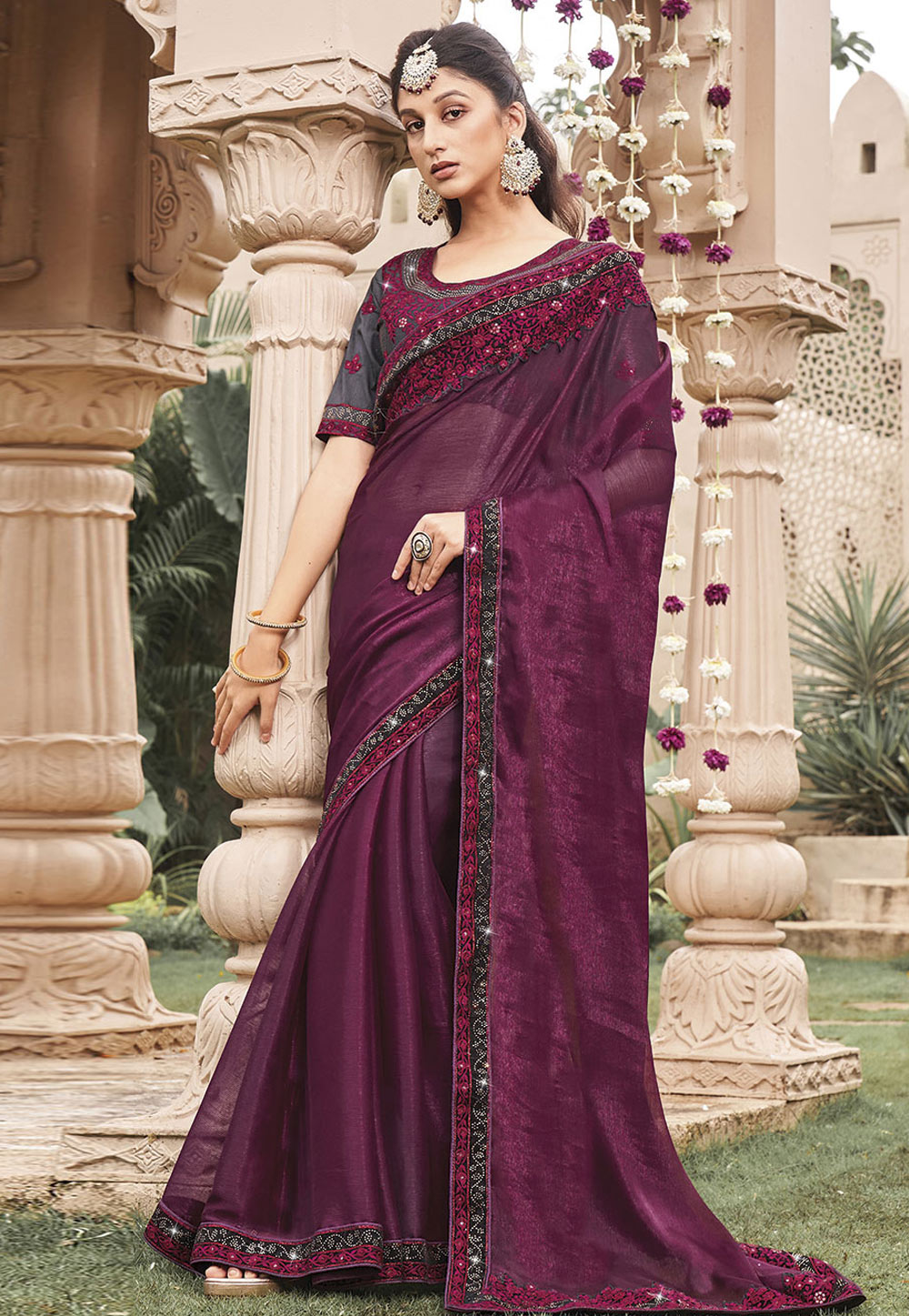 Wine Shimmer Saree With Blouse 279898