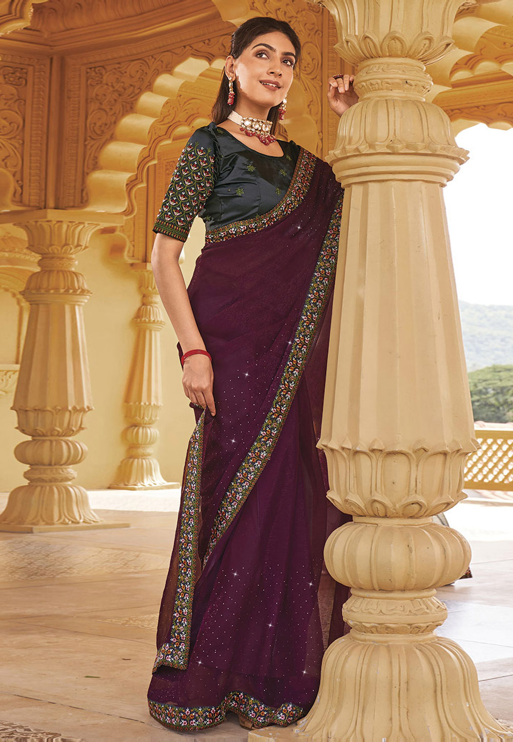 Wine Shimmer Saree With Blouse 279937