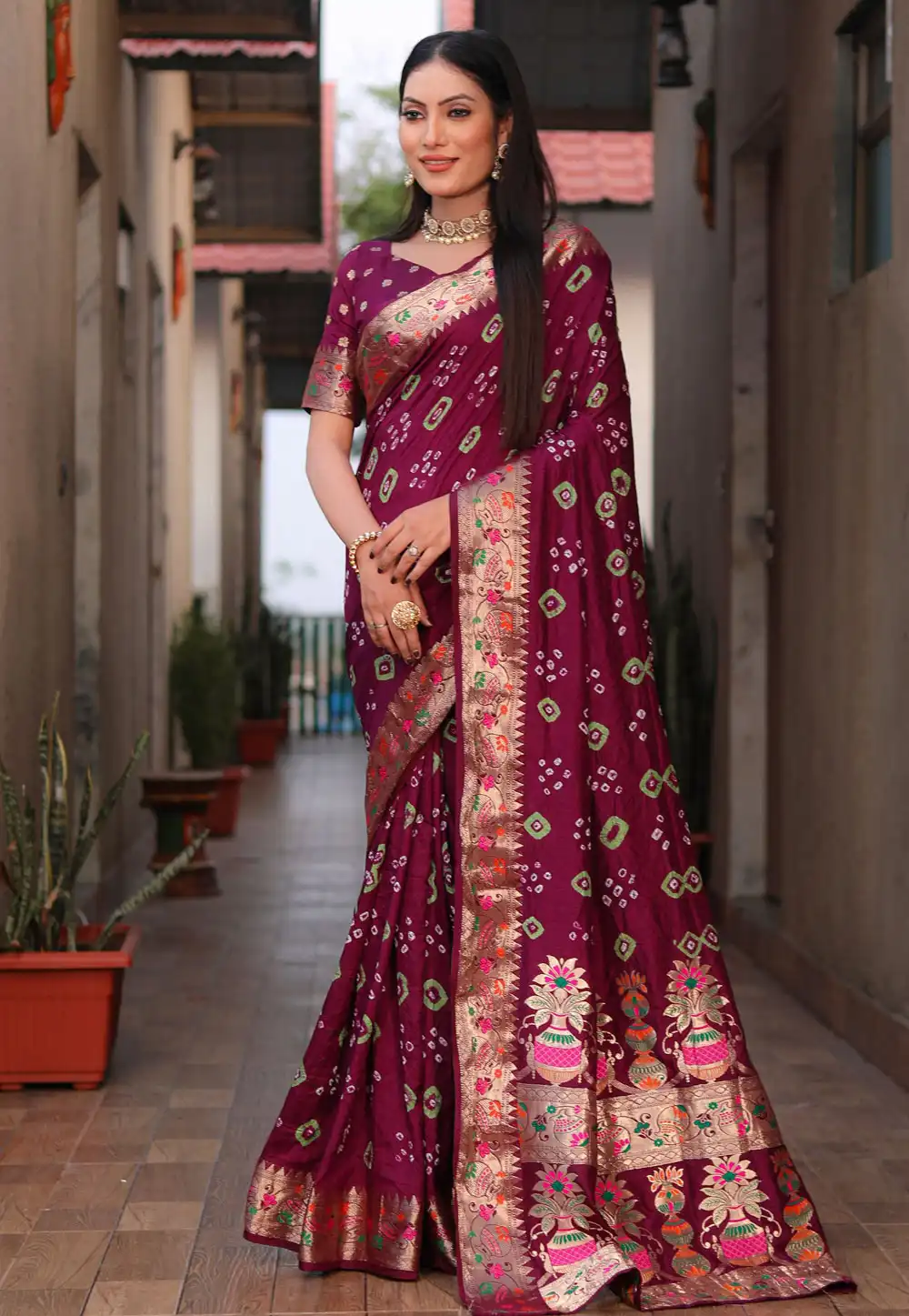 Wine Silk Bandhani Print Saree 290630