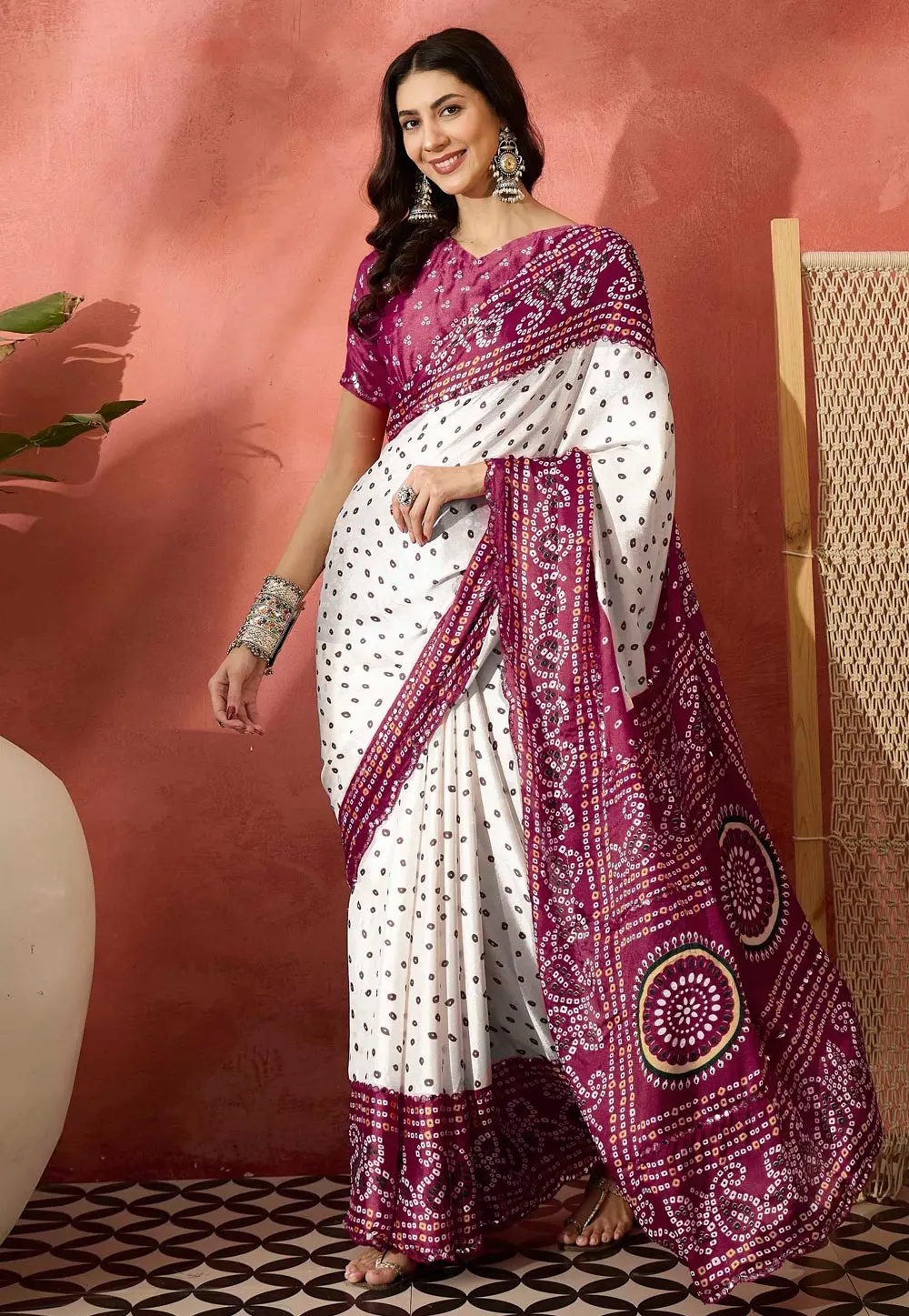 Wine Silk Bandhani Print Saree 304741