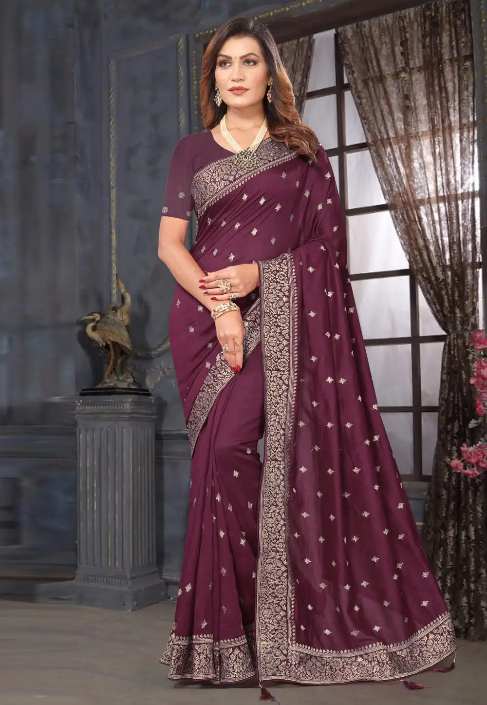 Wine Silk Georgette Saree With Blouse 292018