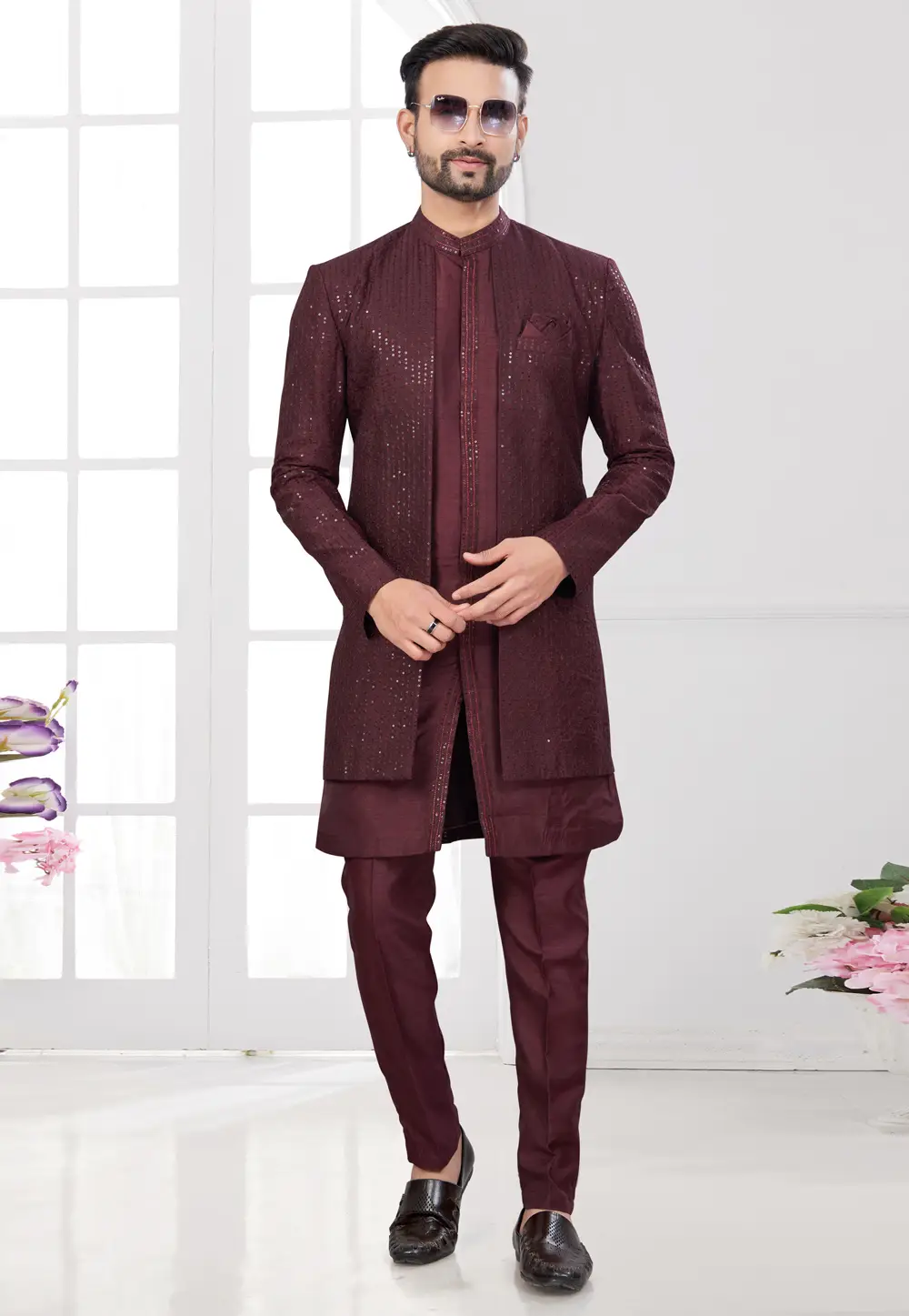 Wine Silk Indo Western Suit 295609