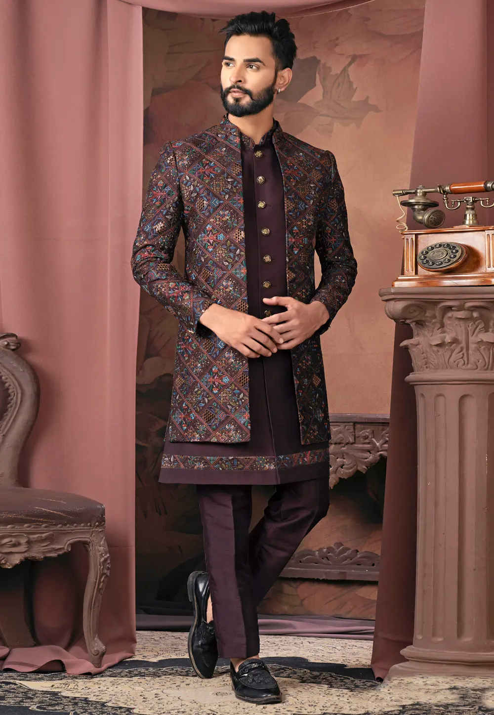 Wine Silk Jacket Style Sherwani 302435