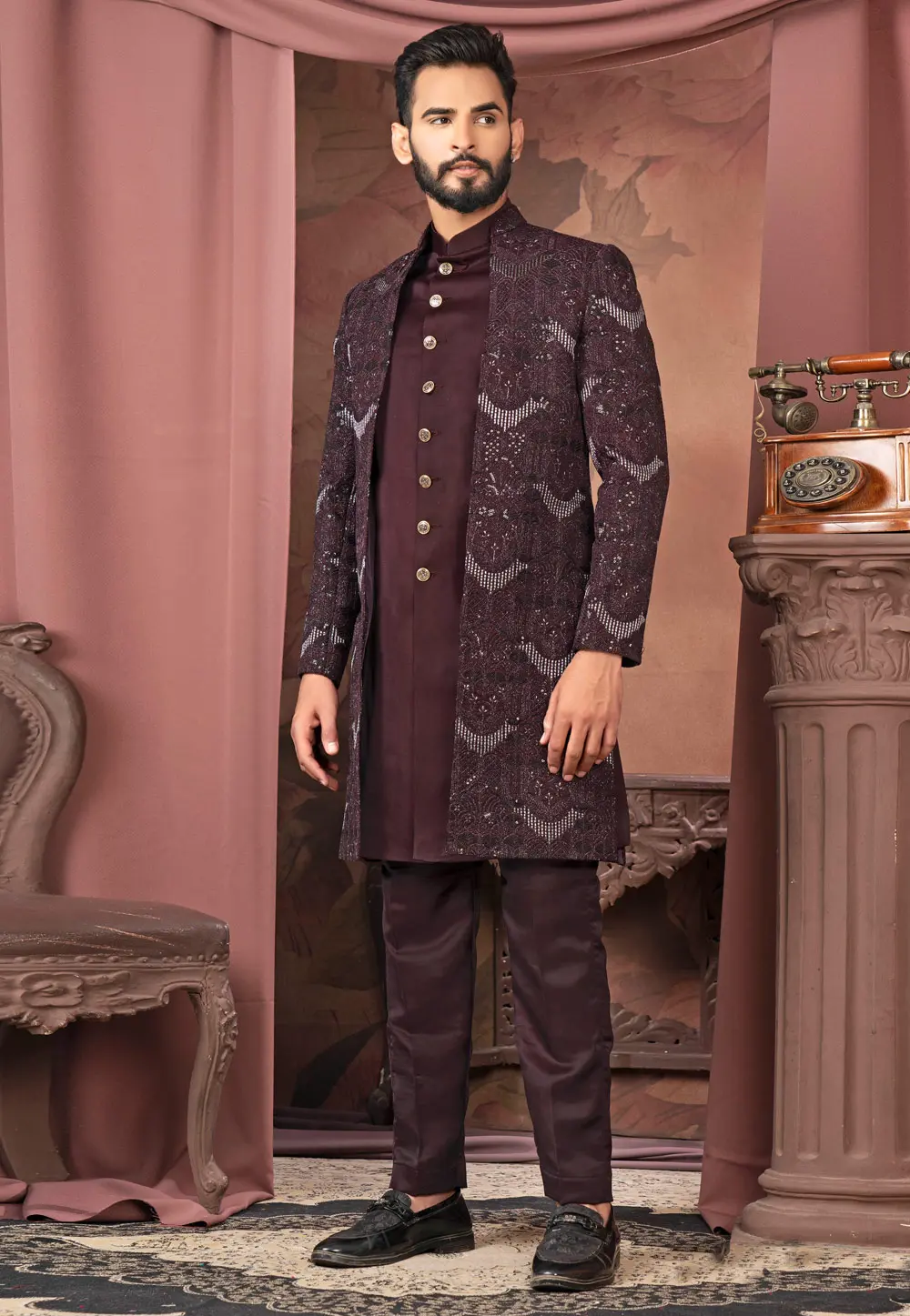 Wine Silk Jacket Style Sherwani 302445