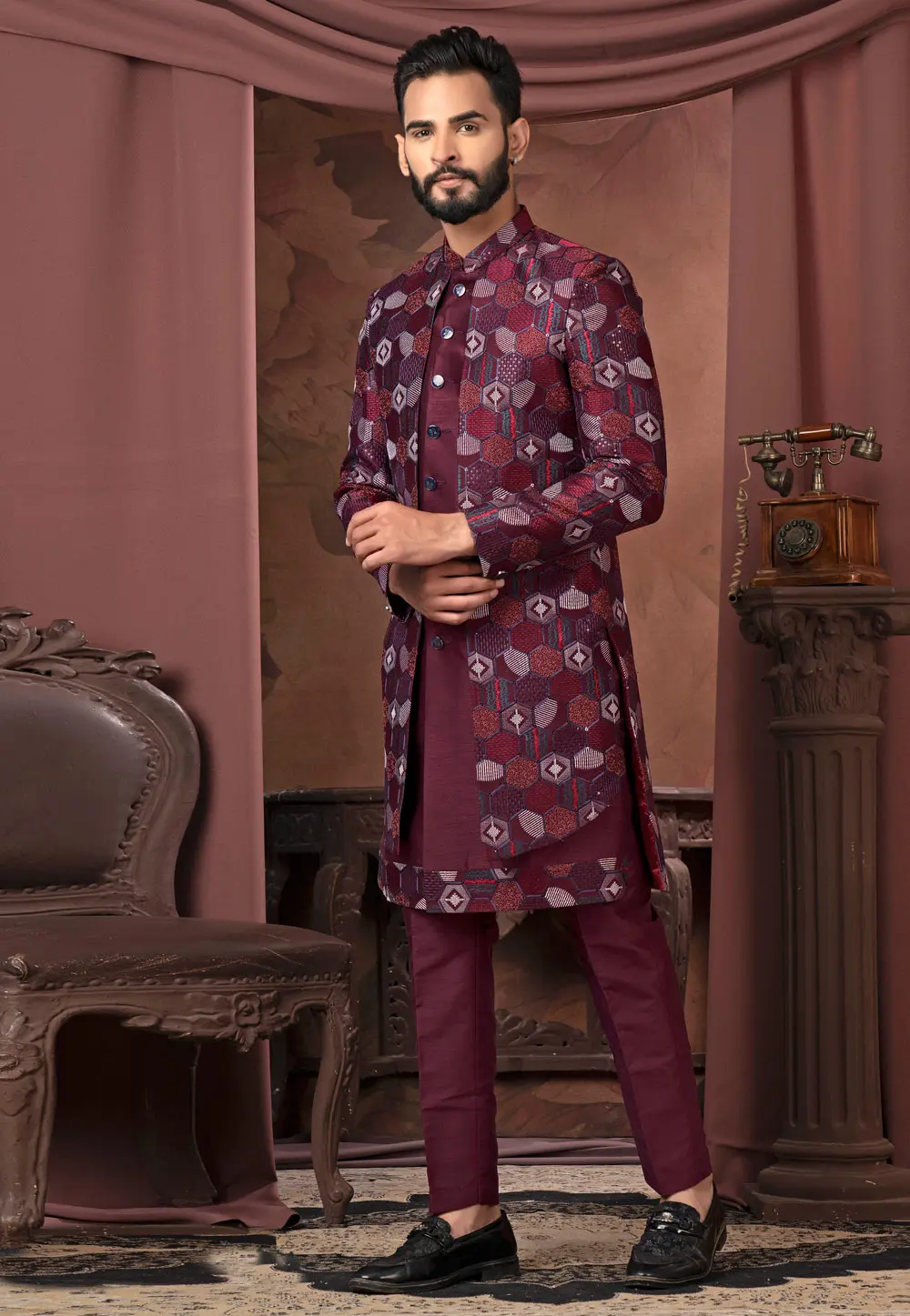 Wine Silk Jacket Style Sherwani 302453