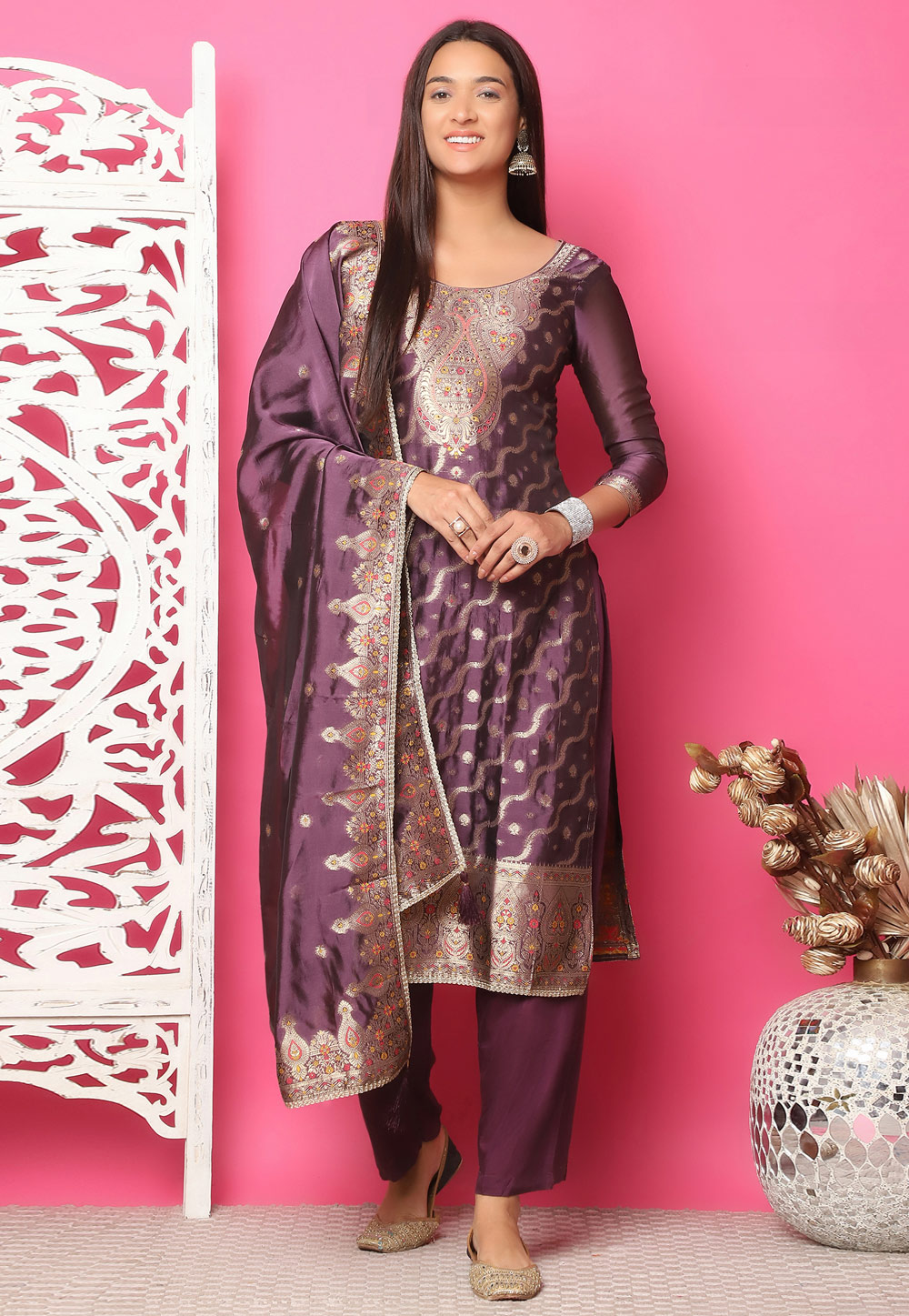 Wine Silk Jacquard Pakistani Suit 310130