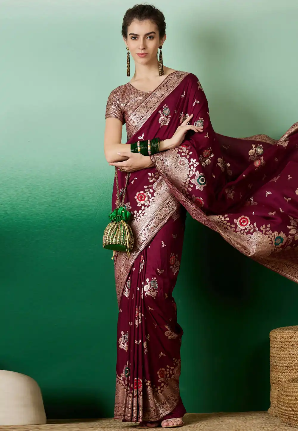 Wine Silk Jacquard Saree With Blouse 289604