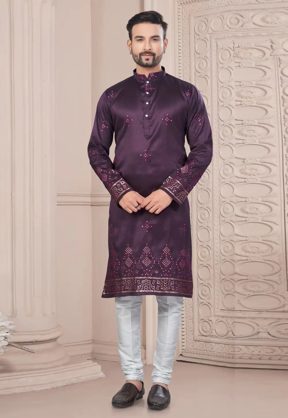 Wine Silk Kurta Pajama 294634