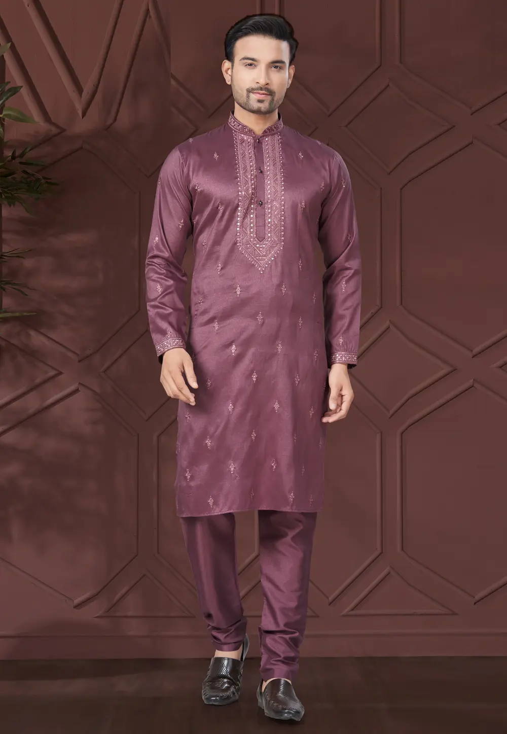 Wine Silk Kurta Pajama 300291