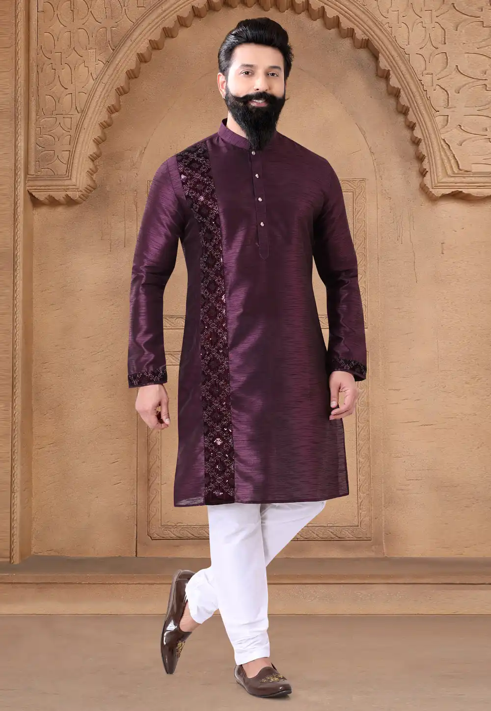 Wine Silk Kurta Pajama 287934