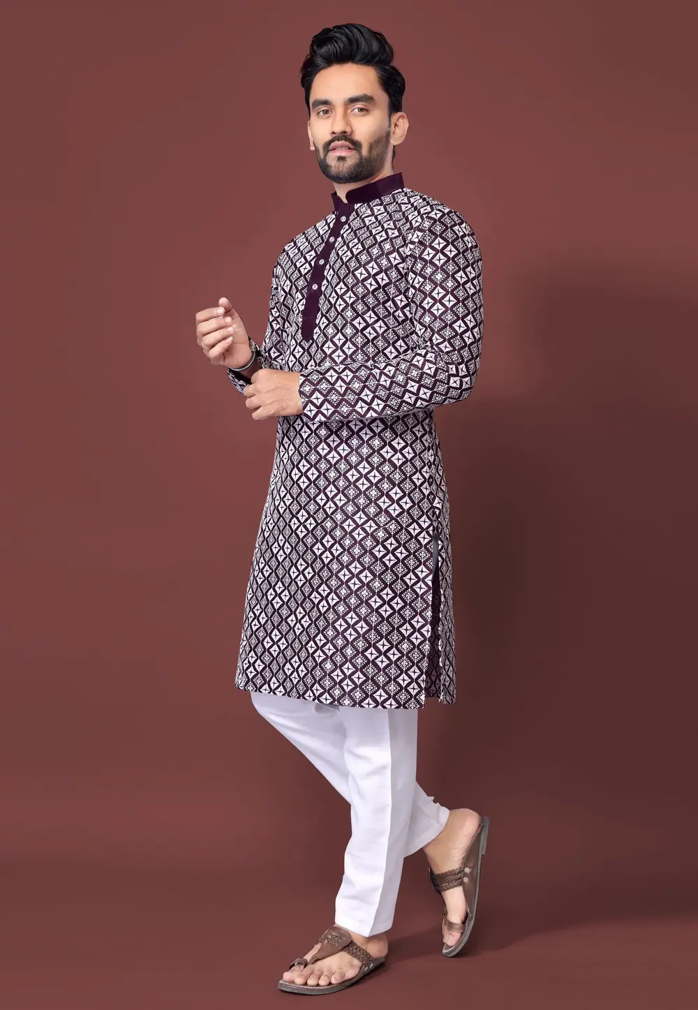 Wine Silk Kurta Pajama 300459