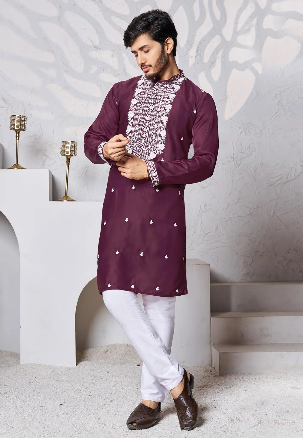 Wine Silk Kurta Pajama 300466