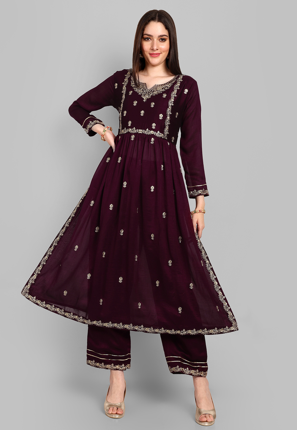 Wine Silk Kurta Set With Palazzo 286045