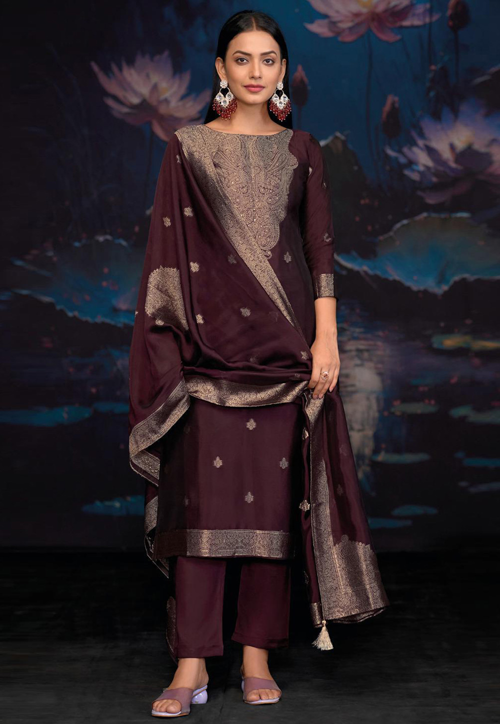 Wine Silk Pakistani Suit 309499