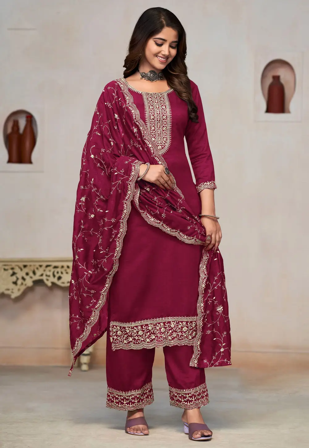 Wine Silk Palazzo Suit 290694