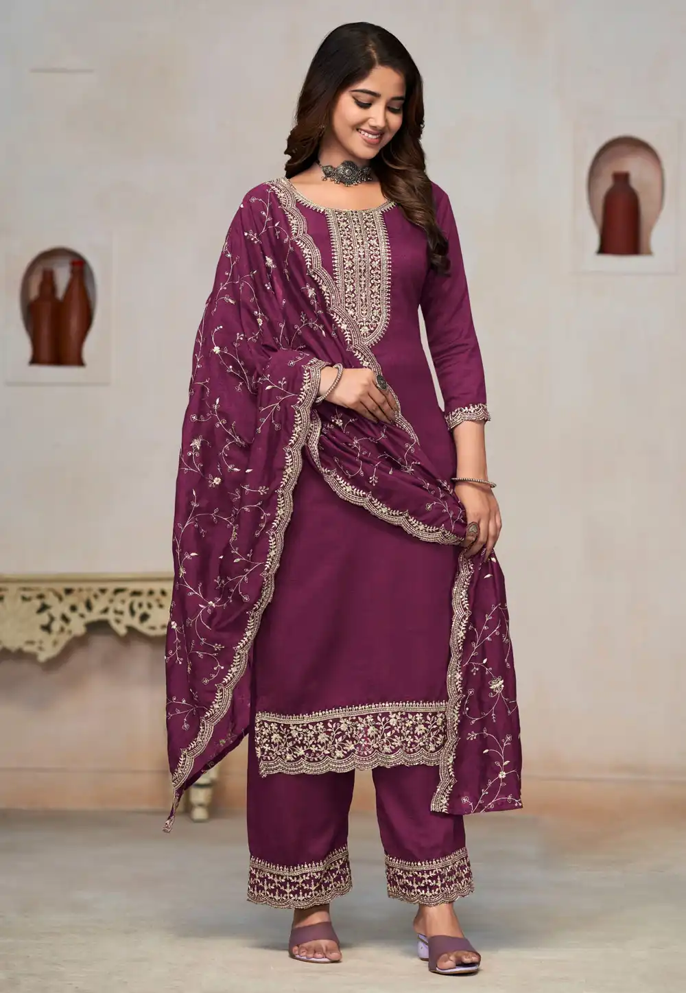 Wine Silk Palazzo Suit 290694