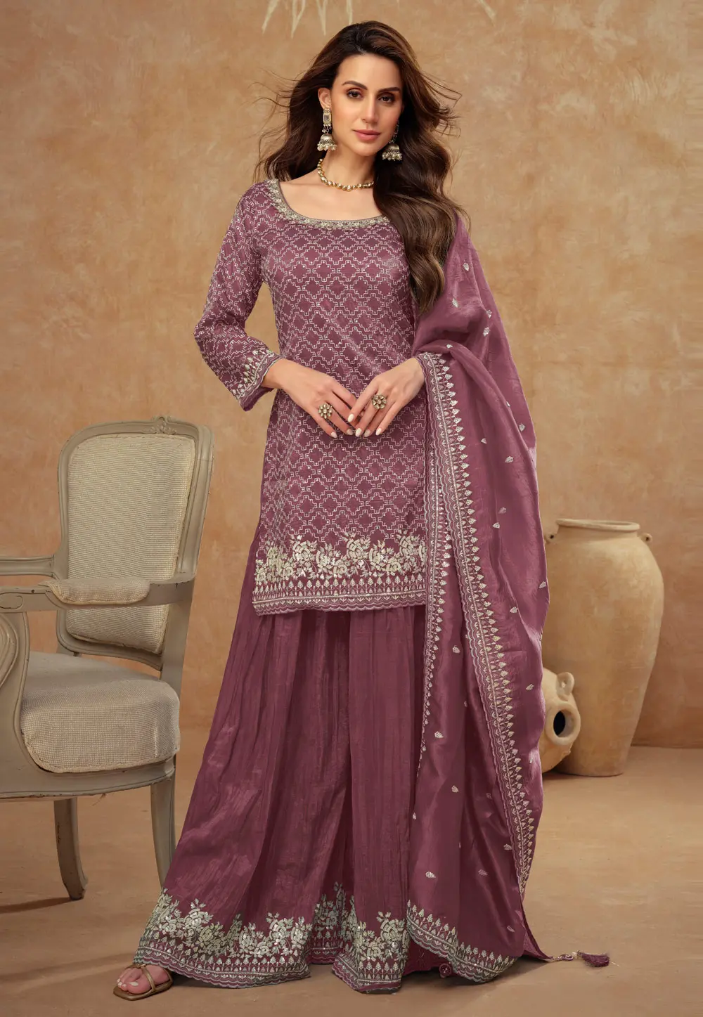 Wine Silk Palazzo Suit 300622