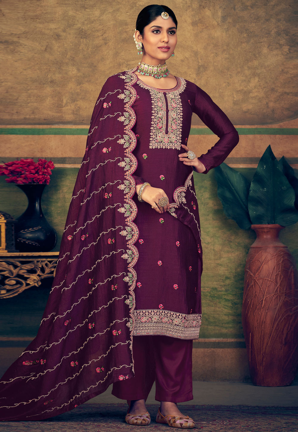 Wine Silk Pant Style Suit 310584