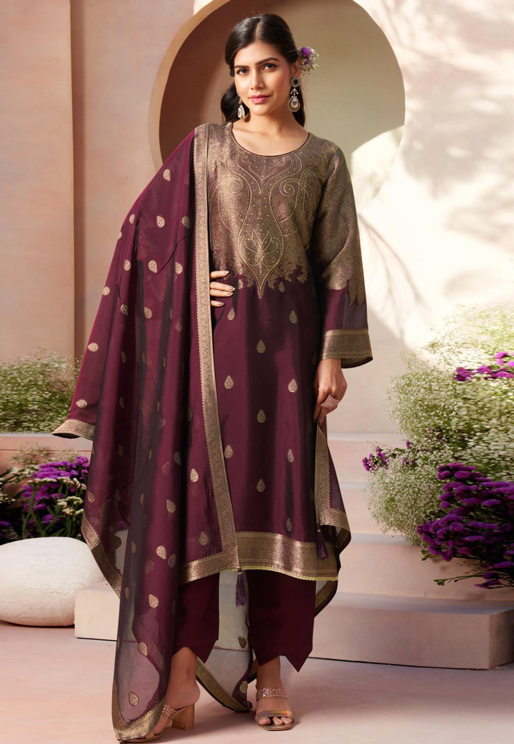 Wine Silk Pant Style Suit 309502