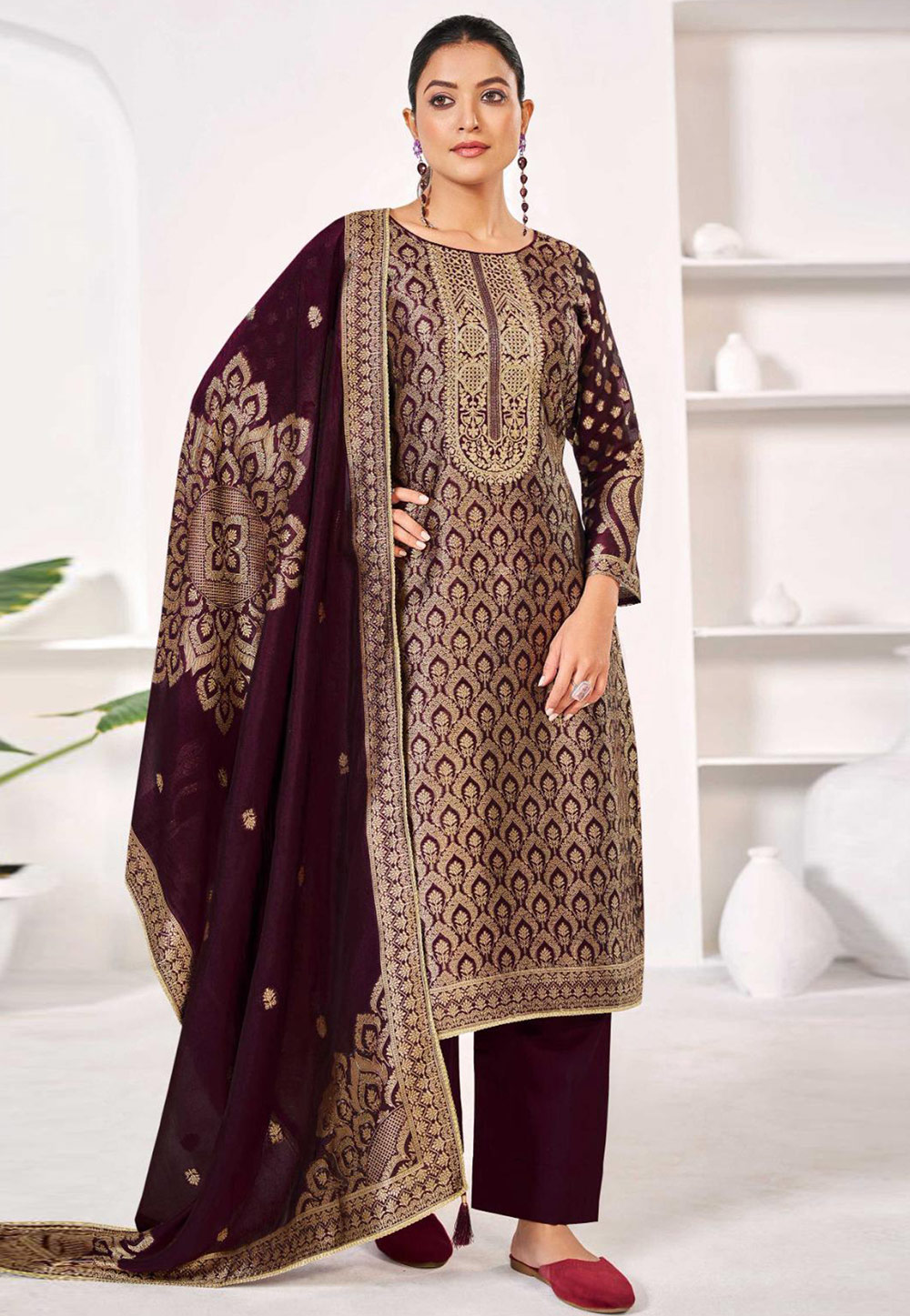Wine Silk Pant Style Suit 309522