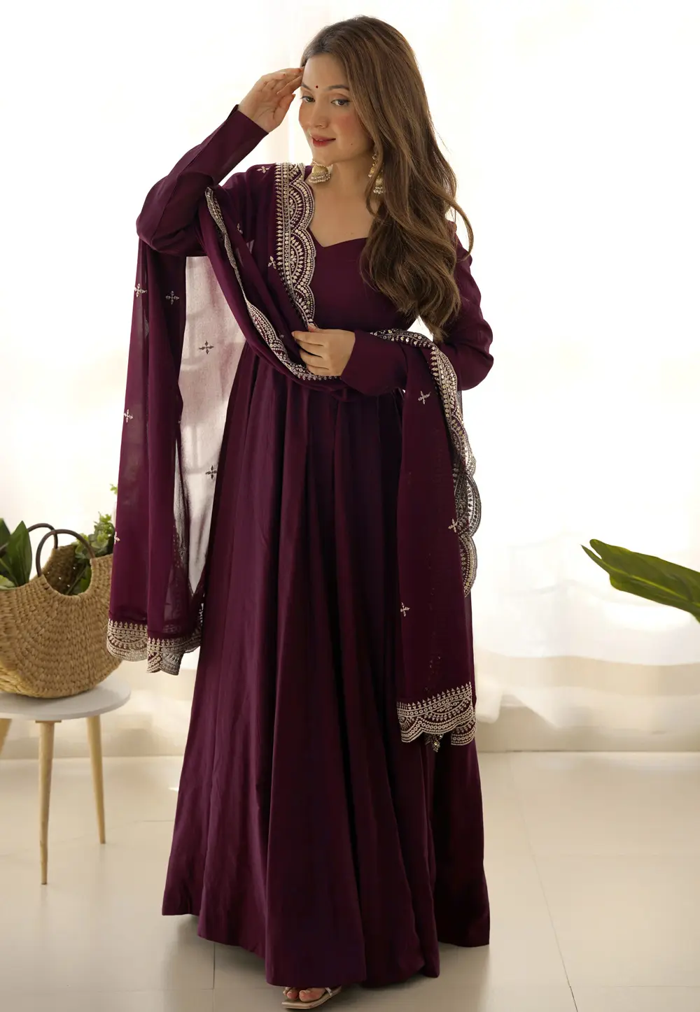 Wine Silk Readymade Anarkali Suit 304183