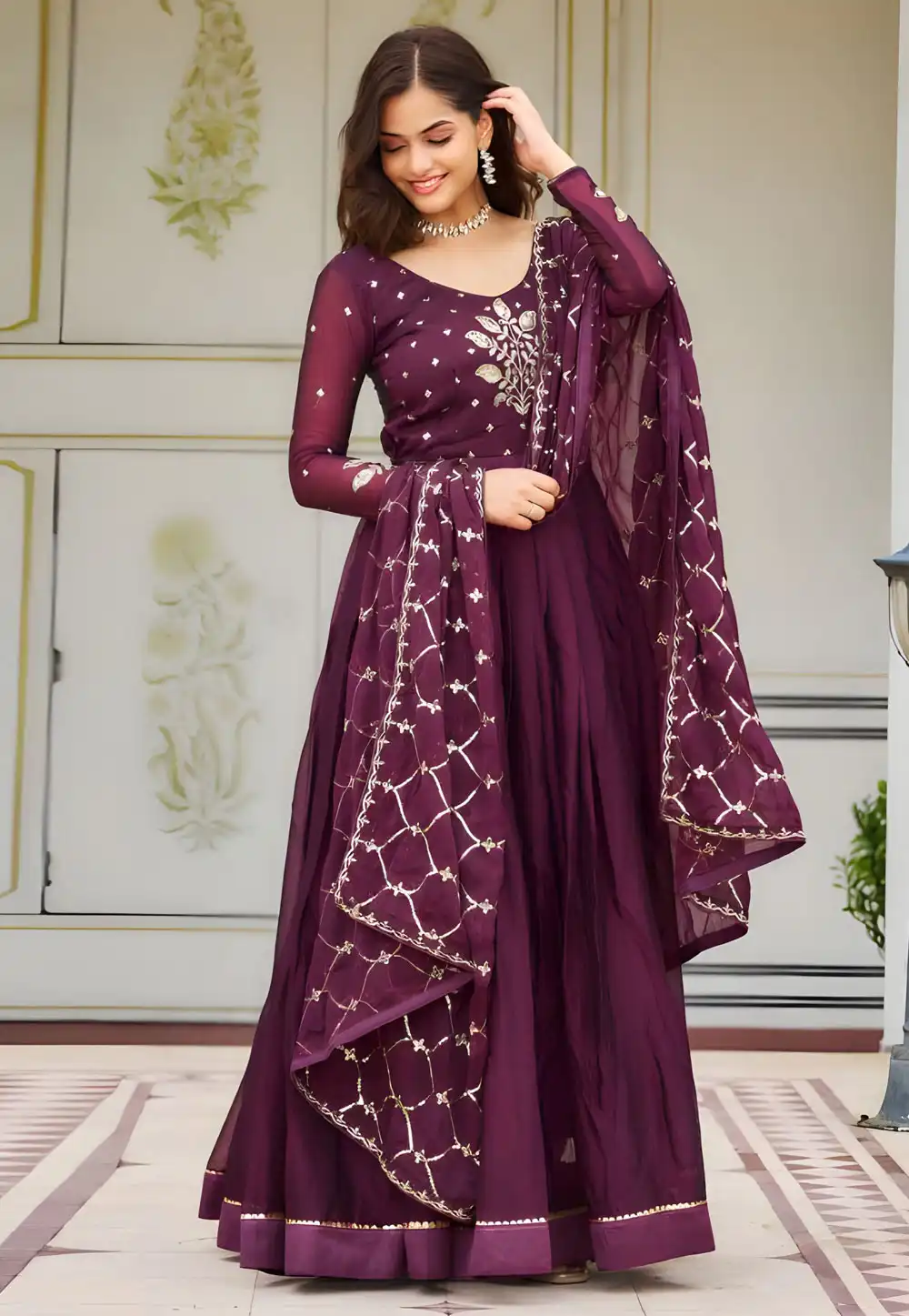 Wine Silk Readymade Anarkali Suit 294464