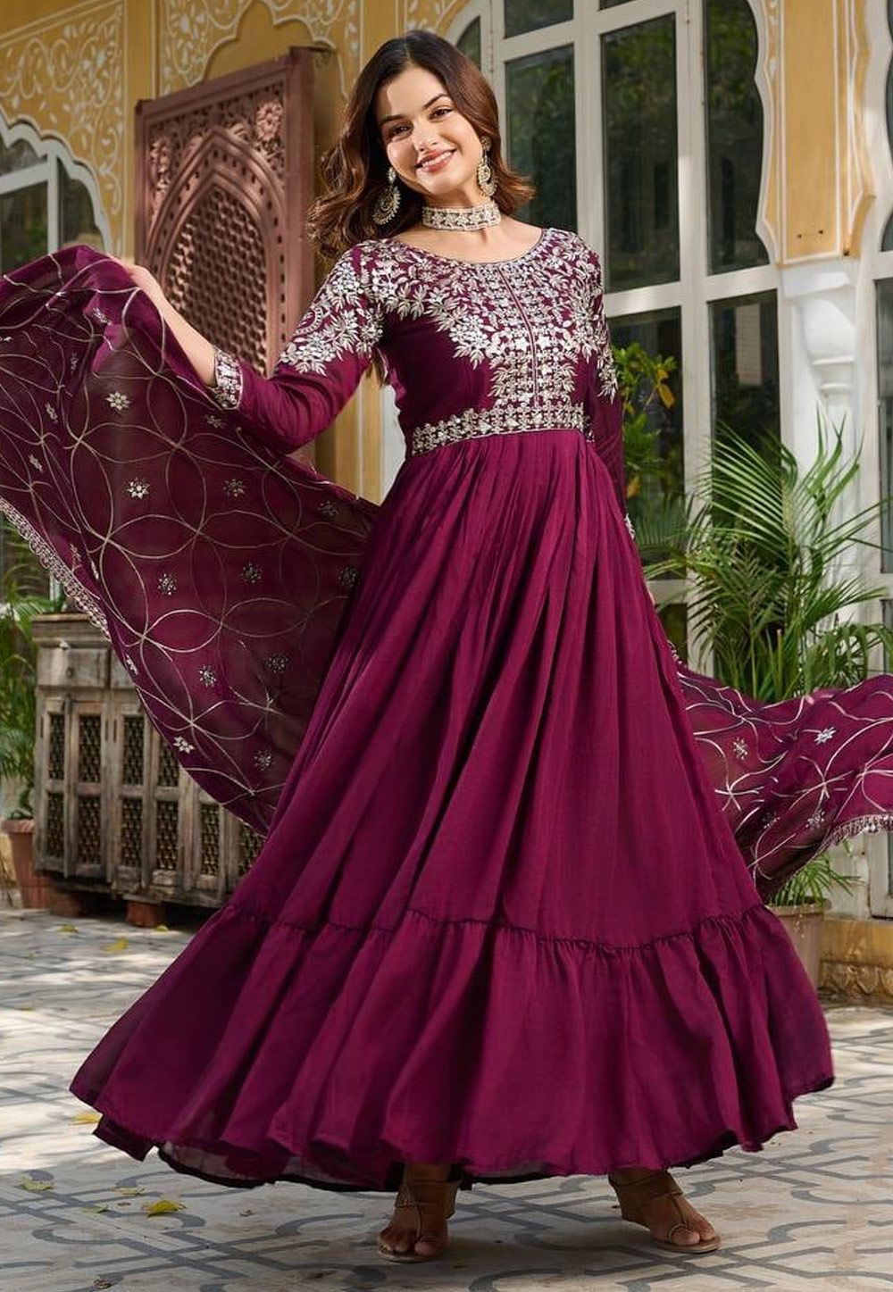 Wine Silk Readymade Long Anarkali Suit 309622