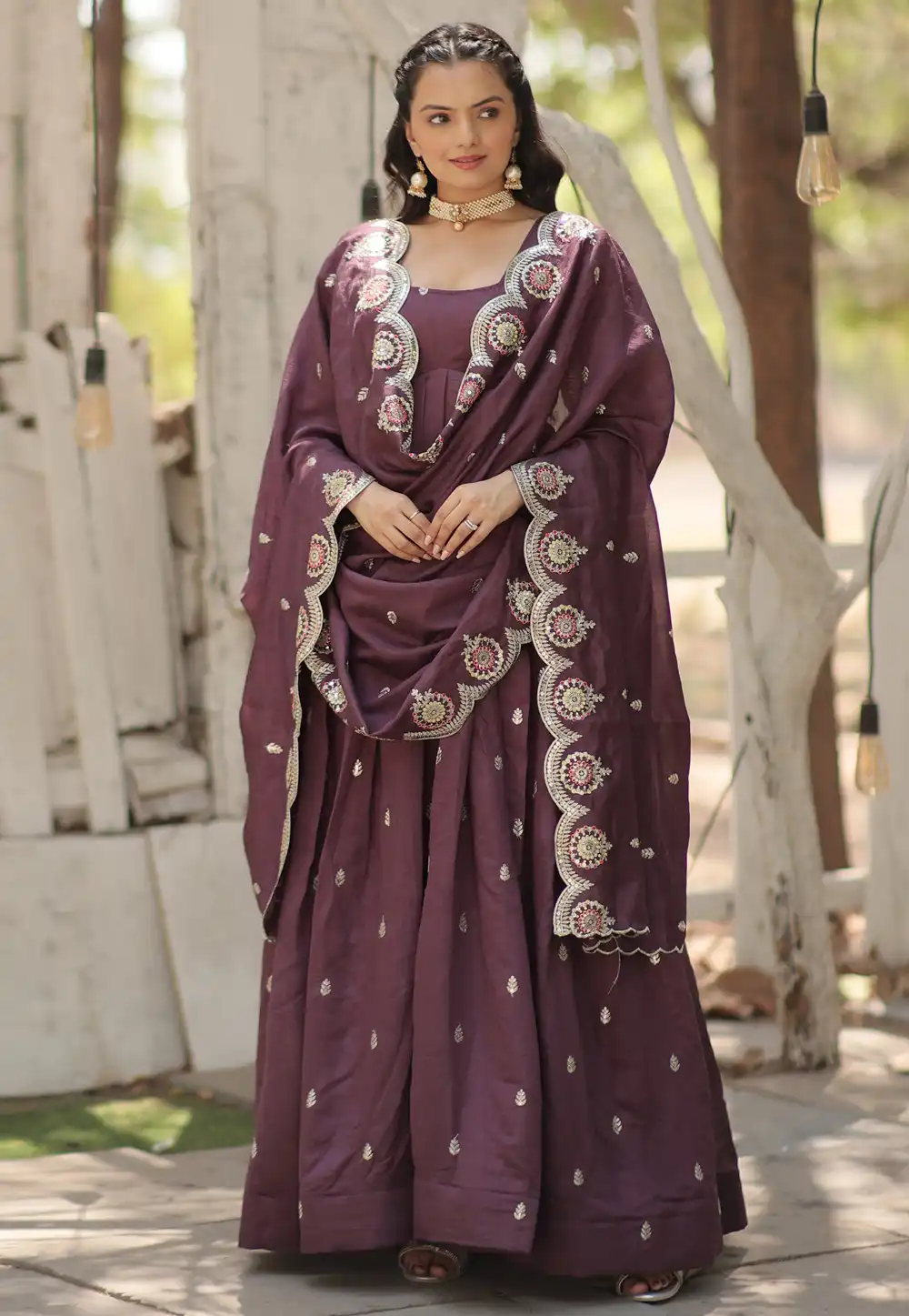 Wine Silk Readymade Long Anarkali Suit 292060