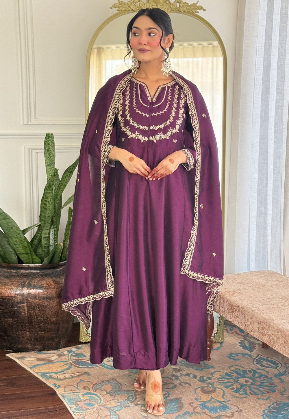 Wine Silk Readymade Long Anarkali Suit 311137