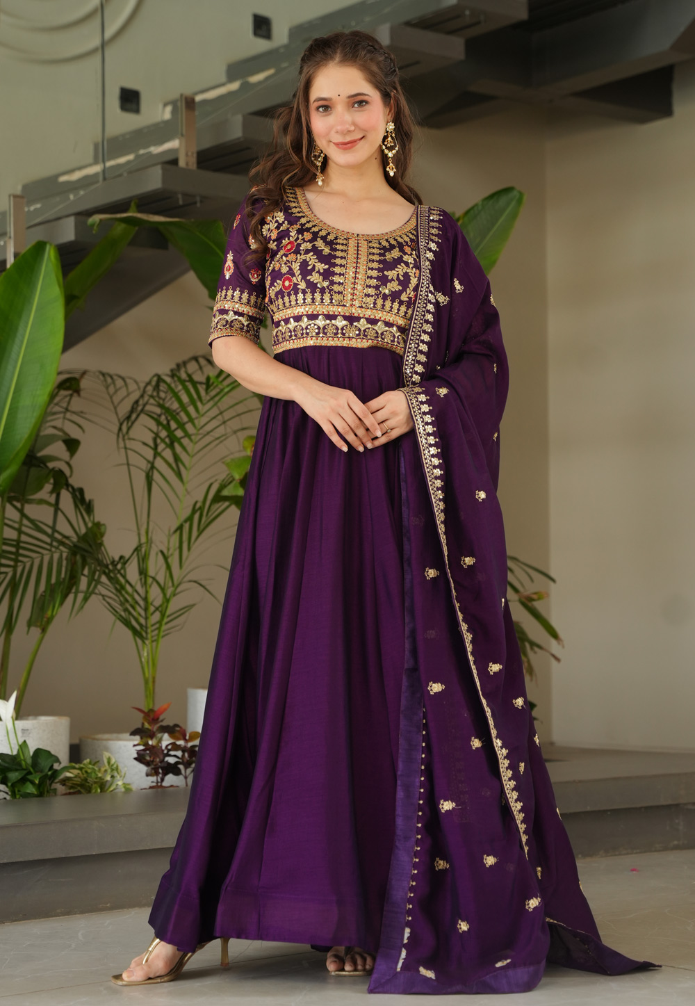 Wine Silk Readymade Long Anarkali Suit 309345