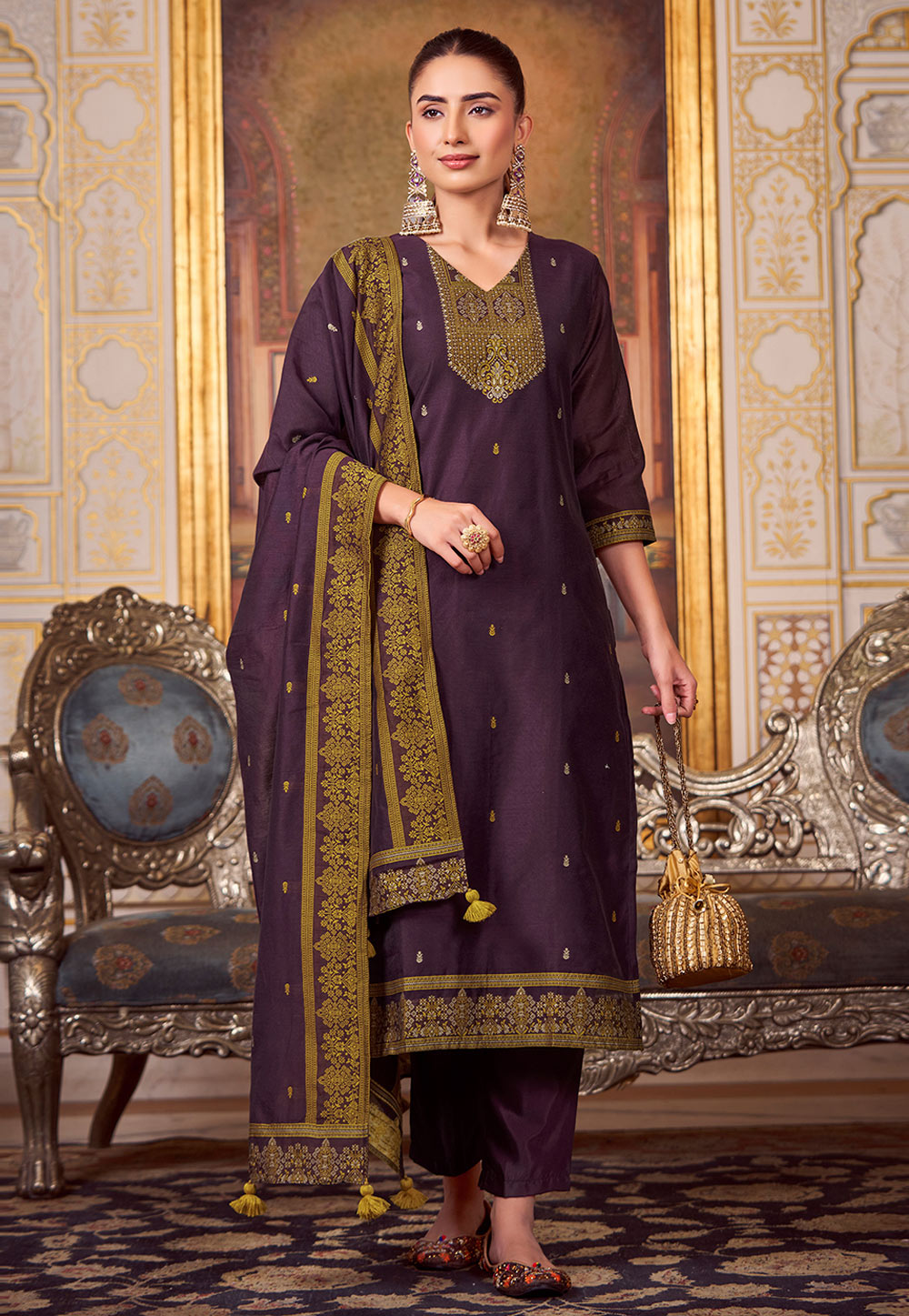 Wine Silk Readymade Pakistani Suit 306288