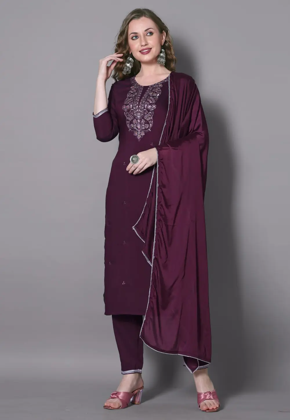 Wine Silk Readymade Pakistani Suit 303255