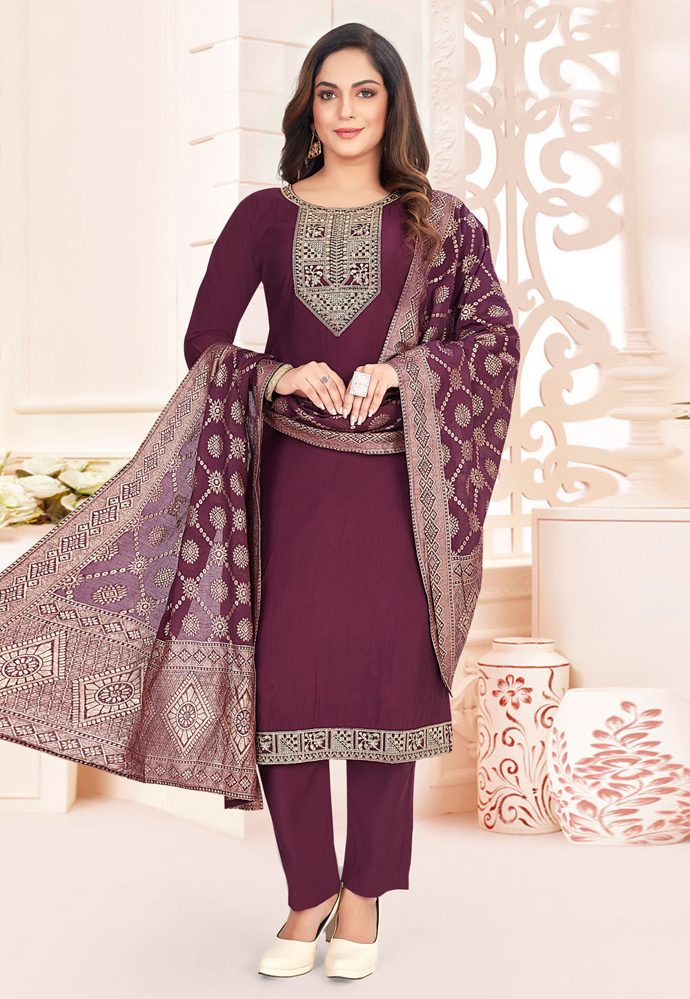 Wine Silk Readymade Pakistani Suit 305039