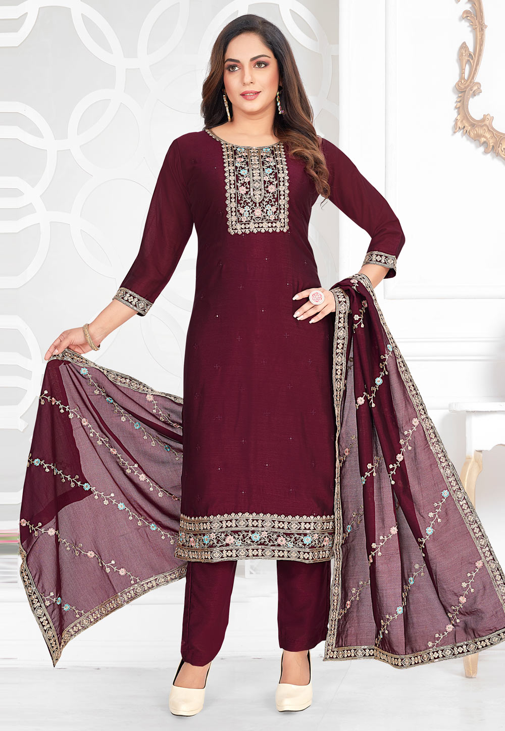 Maroon Silk Readymade Pakistani Suit 305041