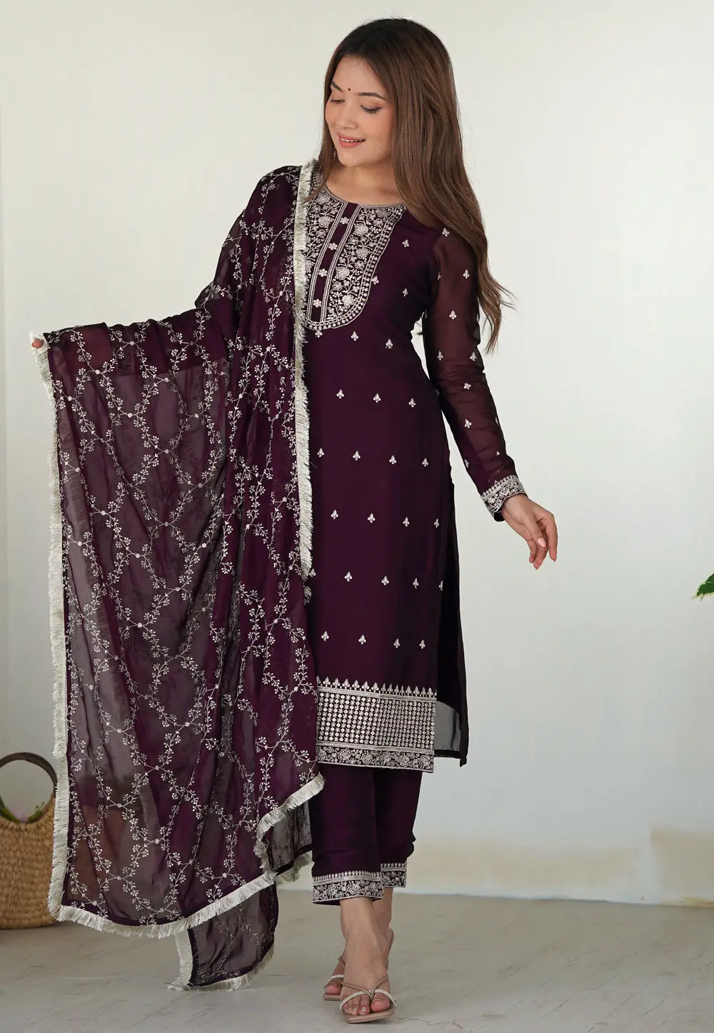 Wine Silk Readymade Pakistani Suit 297102