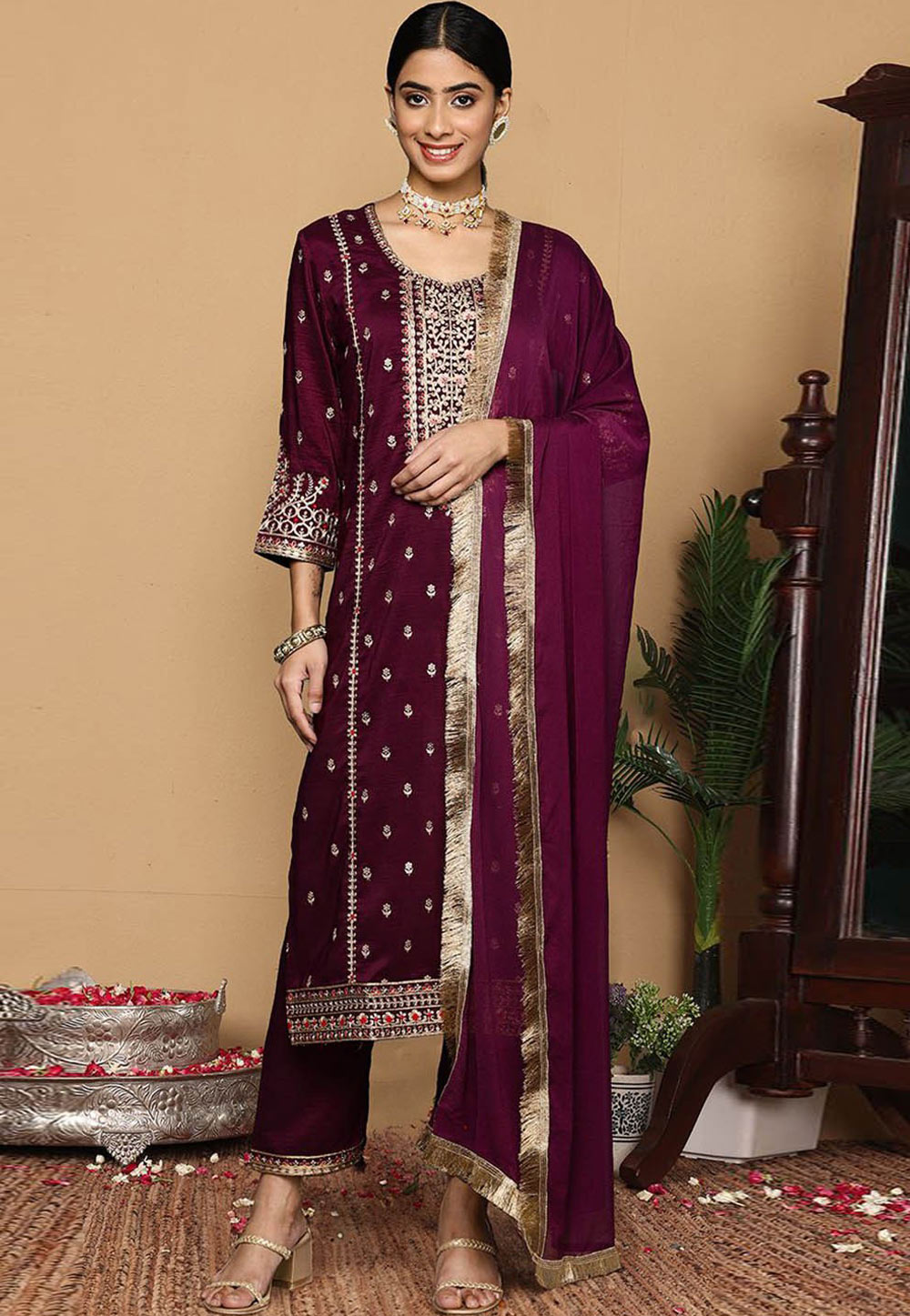 Wine Silk Readymade Pakistani Suit 305423