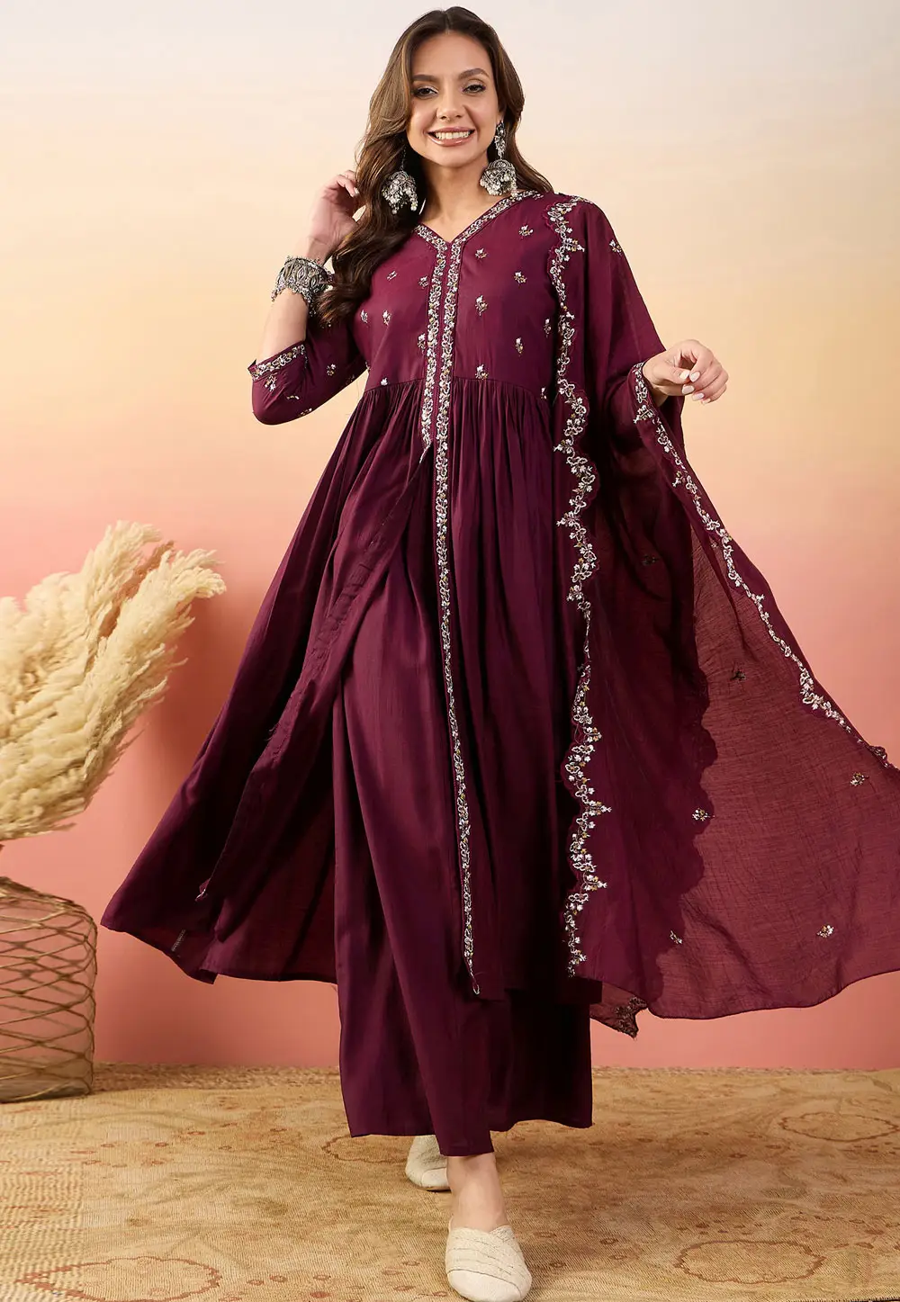 Wine Silk Readymade Pakistani Suit 296553