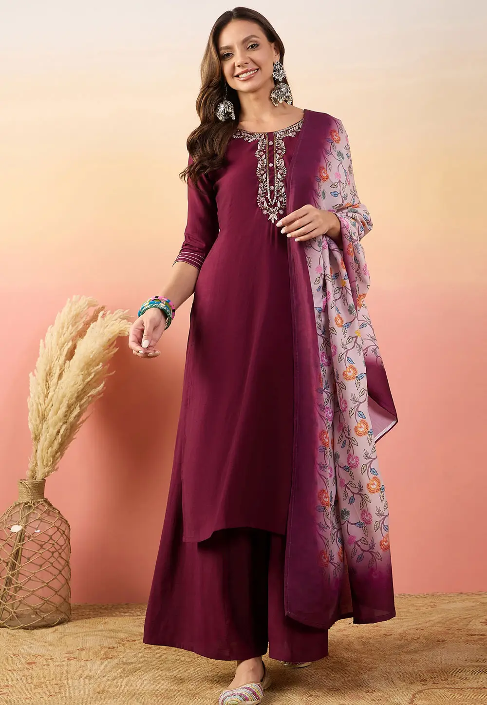 Wine Silk Readymade Pakistani Suit 296559