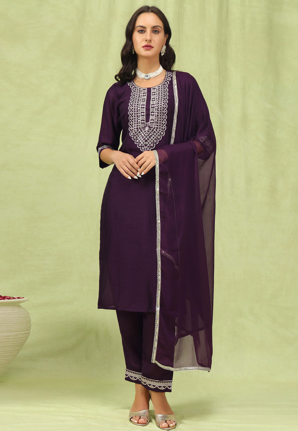 Wine Silk Readymade Pakistani Suit 310856