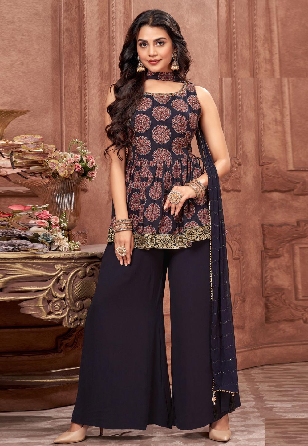 Wine Silk Readymade Palazzo Suit 310872