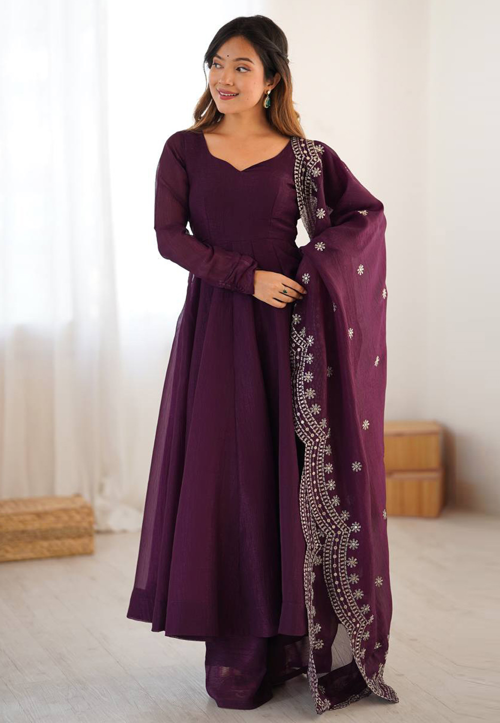 Wine Silk Readymade Palazzo Suit 310375
