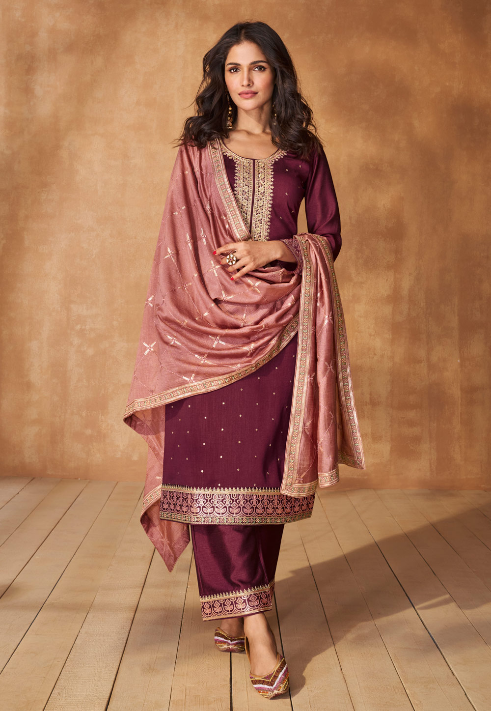 Wine Silk Readymade Palazzo Suit 286664