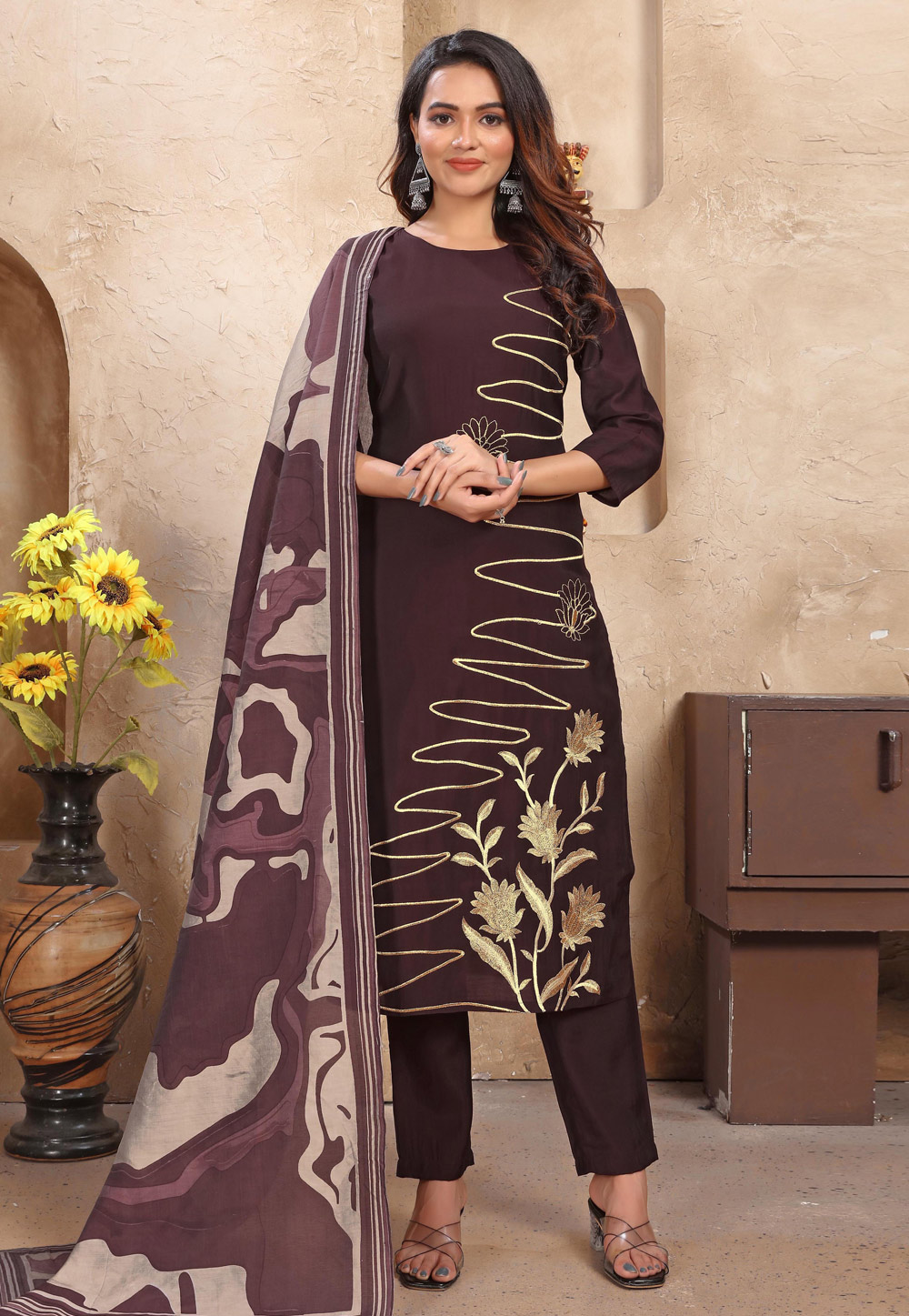 Wine Silk Readymade Pant Style Suit 284825